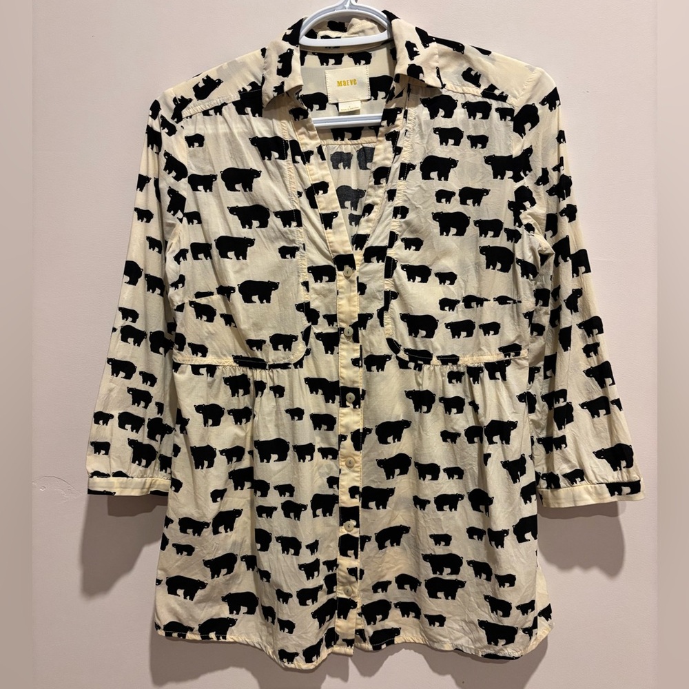 Maeve Black and Cream Bear Print Button Down Shirt